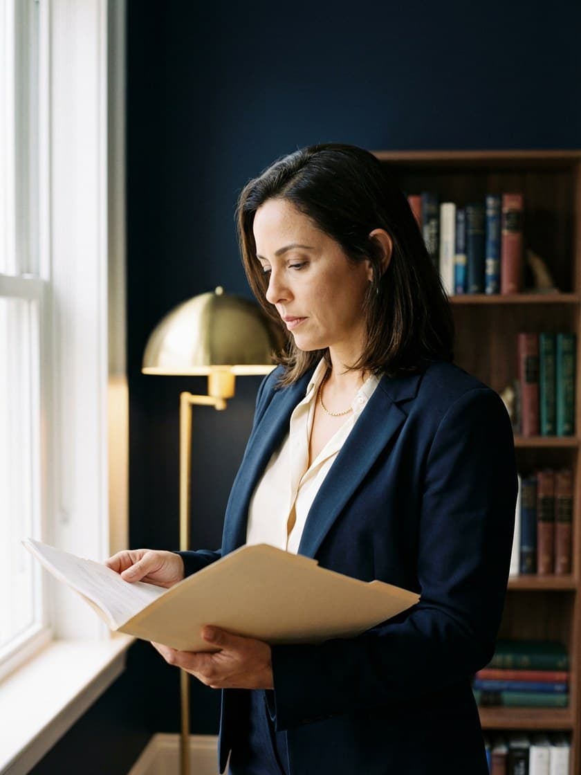 Dra. Beatriz lendo processo, luz natural difusa, escritório em Tatuapé
